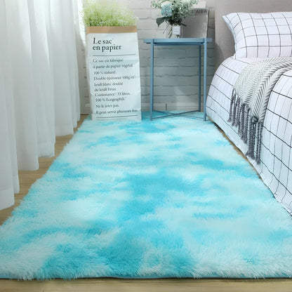 Tie-dyed variegated silk wool carpet floor mat showing organic colour patterns with polyester fibre suede backing