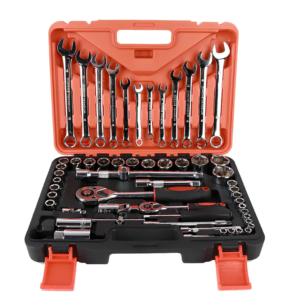 61-piece chrome vanadium socket wrench set with metric tools from 4mm to 32mm for automotive repairs