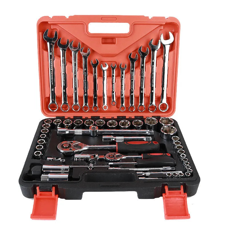 61-piece chrome vanadium steel socket and wrench set with metric tools for car and home repairs