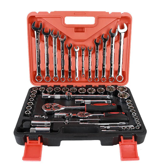 61-piece chrome vanadium steel socket and wrench set with metric tools for car and home repairs