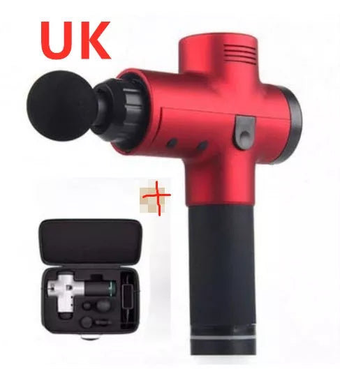 Relax Tissue Deep Muscle Massage Gun with 4 interchangeable heads on a white background