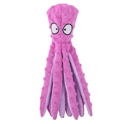 Blue octopus plush dog toy with tentacles, unfilled design with crinkle paper and squeaker sounds