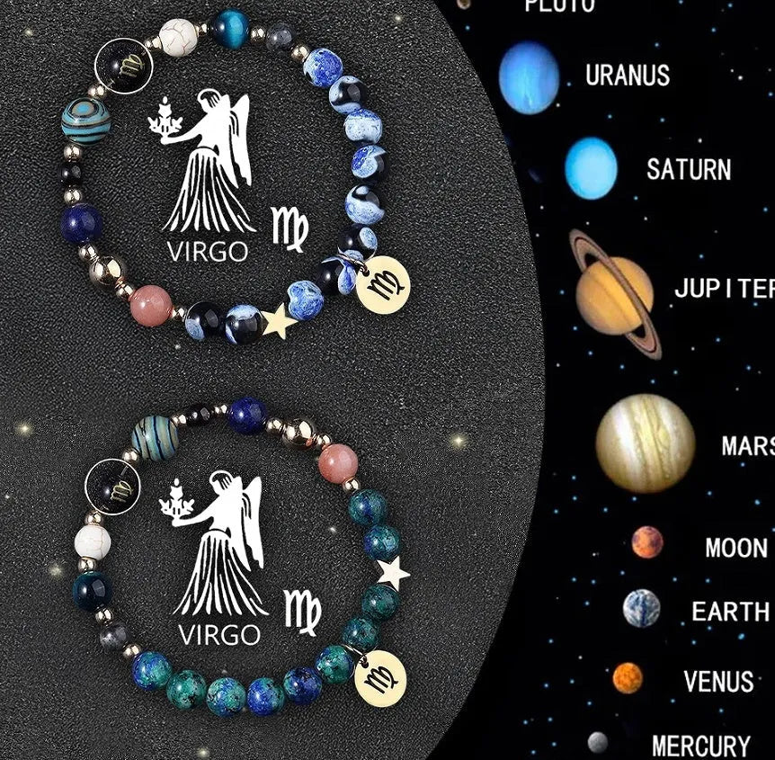 Twelve Zodiac Sign beaded bracelet set with natural stone beads and adjustable closure on wrist