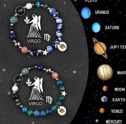 Twelve Zodiac Sign beaded bracelet set with natural stone beads and adjustable closure on wrist