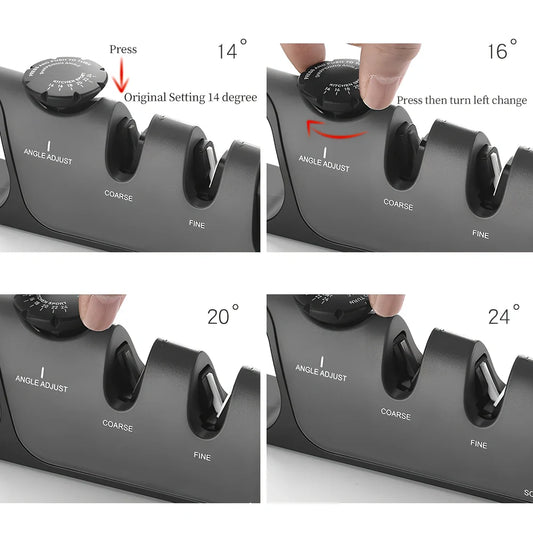 Grey-black manual knife sharpener with three-stage tungsten steel system and silica gel grips