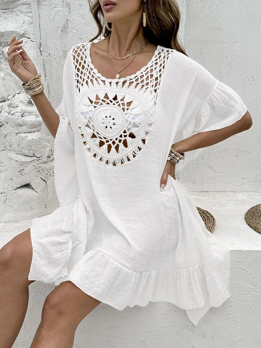 Beach crochet stitching tassel dress swimsuit with patchwork skirt in slubbed fabric, free size fit