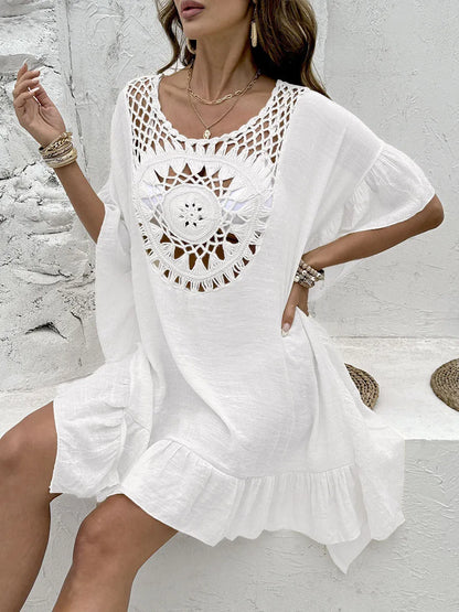 Beach crochet stitching tassel dress swimsuit with patchwork skirt in slubbed fabric, free size fit