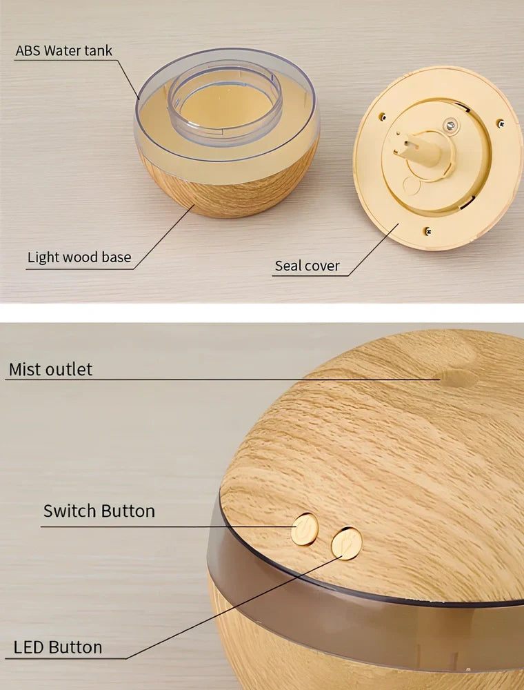 White ABS essential oil diffuser measuring 110x110x90mm with 300ml water capacity and USB power connection