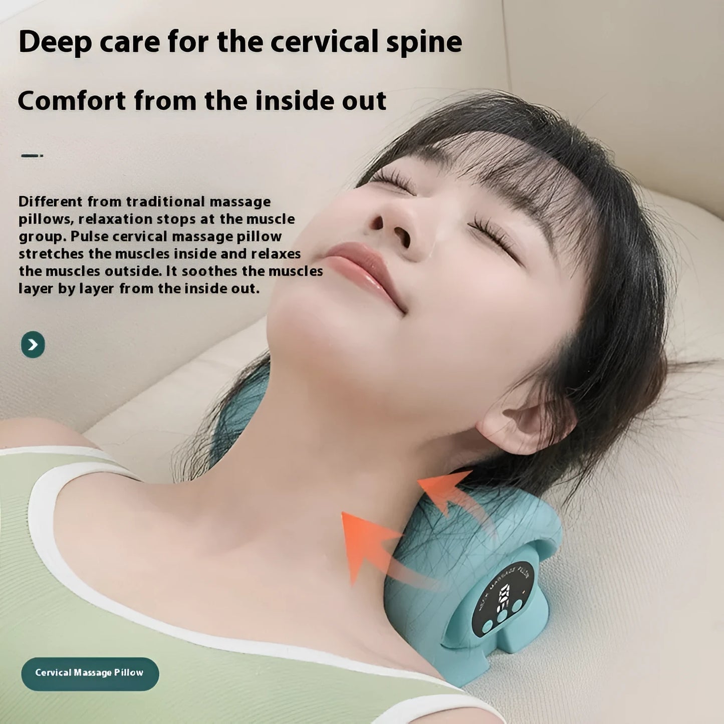 Blue-green portable cervical massage pillow with EMS pulse, hot compress and vibration functions