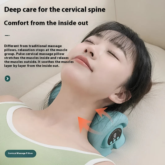 Blue-green portable cervical massage pillow with EMS pulse, hot compress and vibration functions