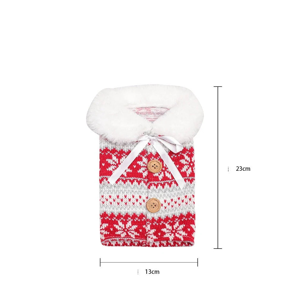 Festive Christmas wine bottle socks in vibrant colors, perfect for holiday decor