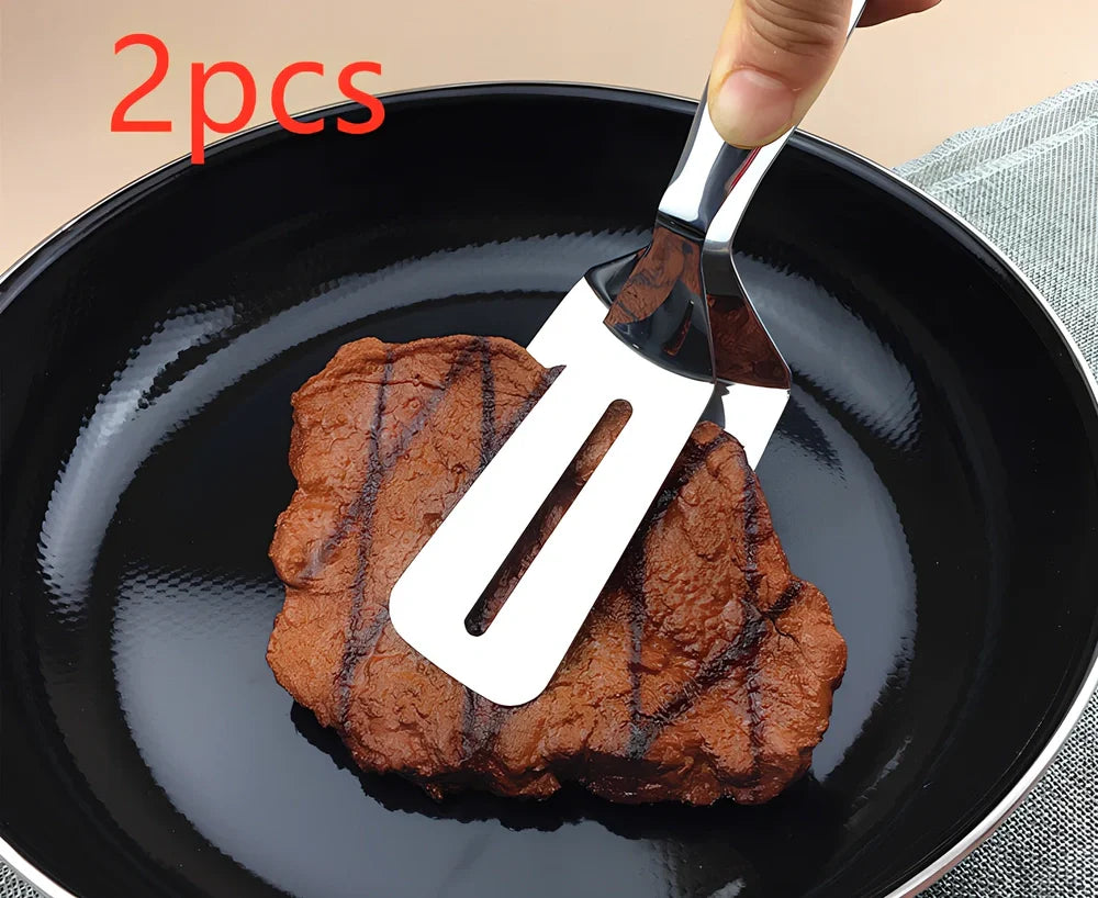 Stainless steel barbecue tongs with 32cm handles and serrated gripping surfaces