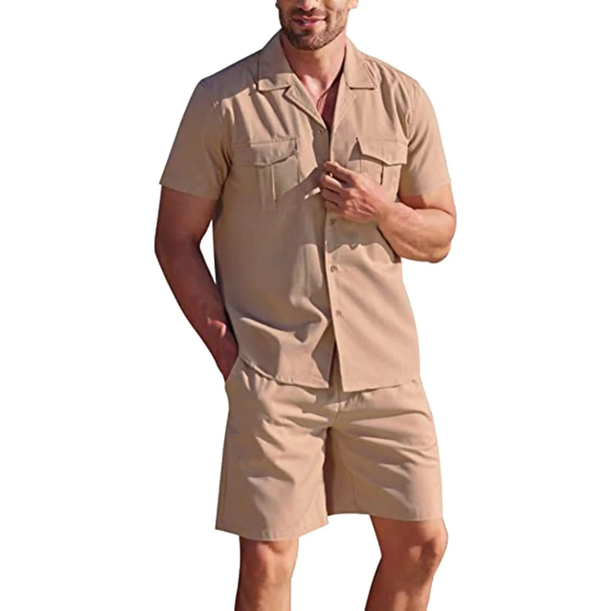 Lapel collar short sleeve linen shirt and shorts set with pockets, loose casual summer two-piece in solid colour