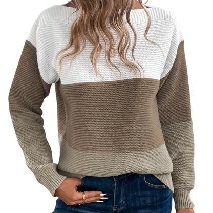 Women's round neck pullover sweater with unique splicing design in various colors