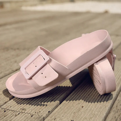 Women's grey blue flip-flop slippers with adjustable buckle and 1.5cm EVA sole
