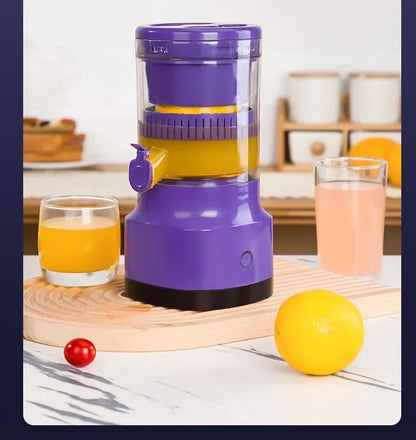 Purple USB rechargeable electric citrus juicer with detachable parts and charging cable.