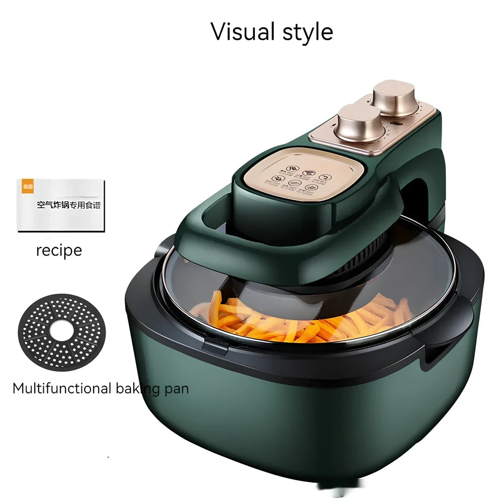 Green air fryer with touch controls measuring 335x325x295mm with 6-litre capacity