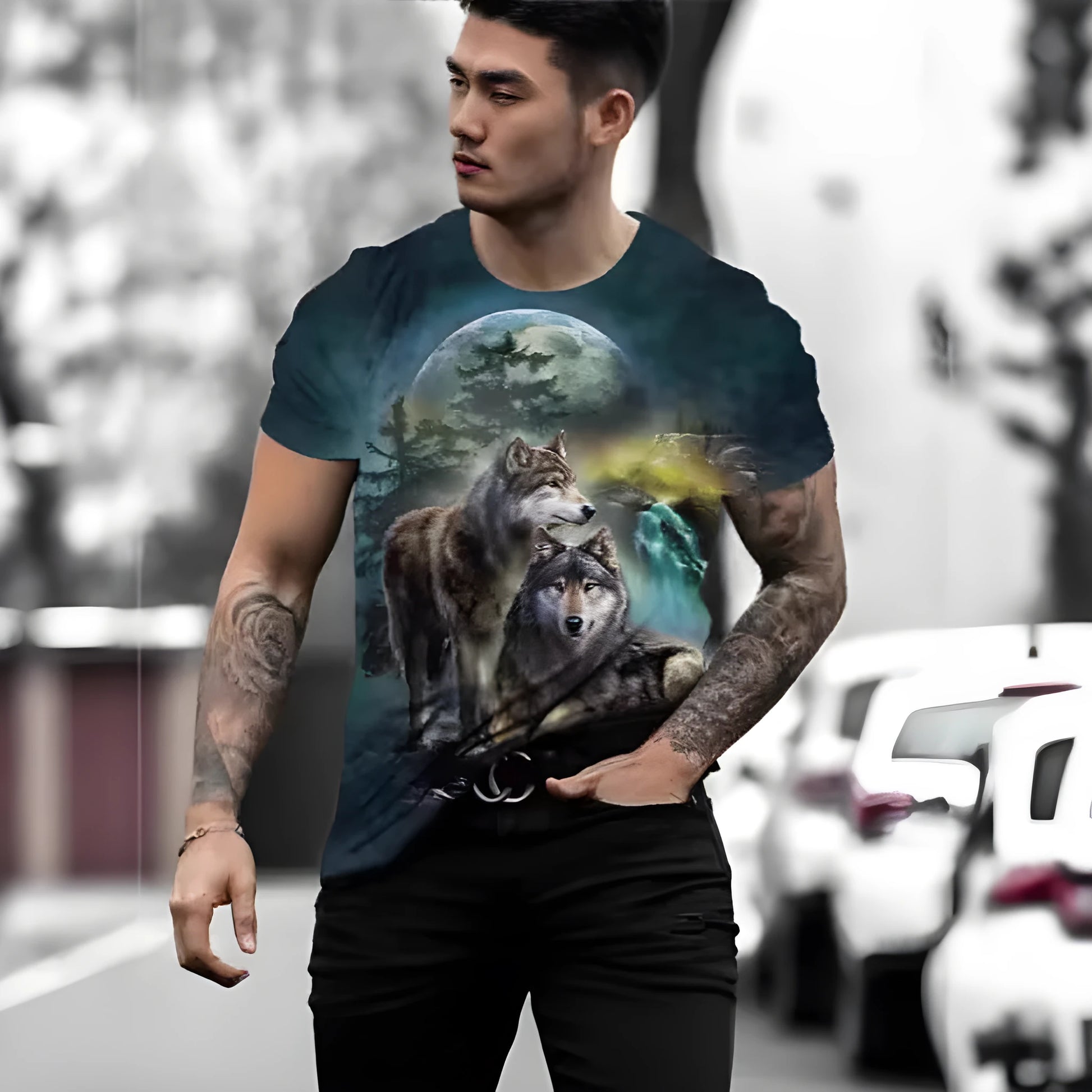 Man wearing a short-sleeved grey t-shirt with a retro-style 3D graphic of a wild animal printed on the front.