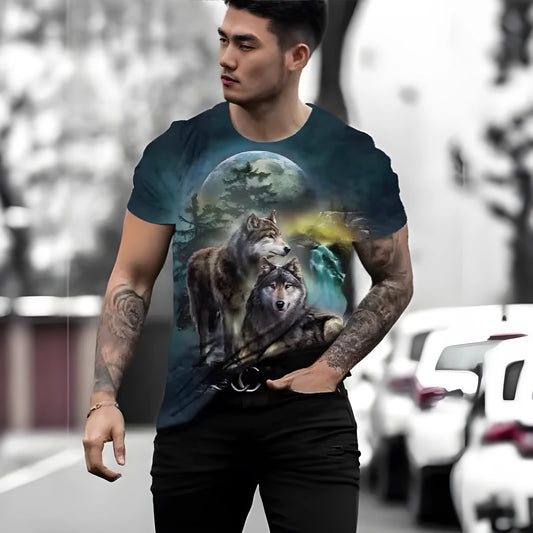 Man wearing a short-sleeved grey t-shirt with a retro-style 3D graphic of a wild animal printed on the front.