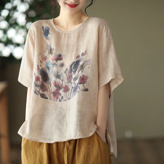 Vintage Ink Print Casual Short Sleeve T-shirt in white, champagne, and dark gray