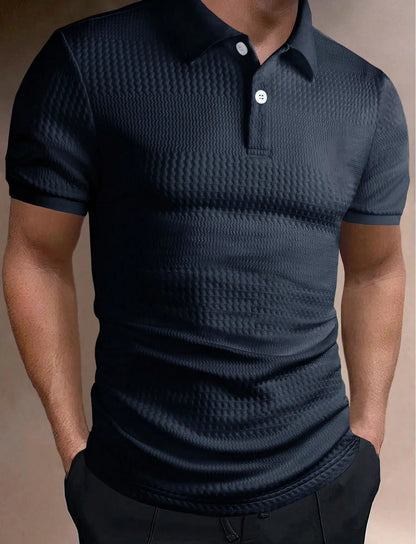 Man wearing a striped loose-fit polo shirt in light blue, showing short sleeves and asymmetric detail.