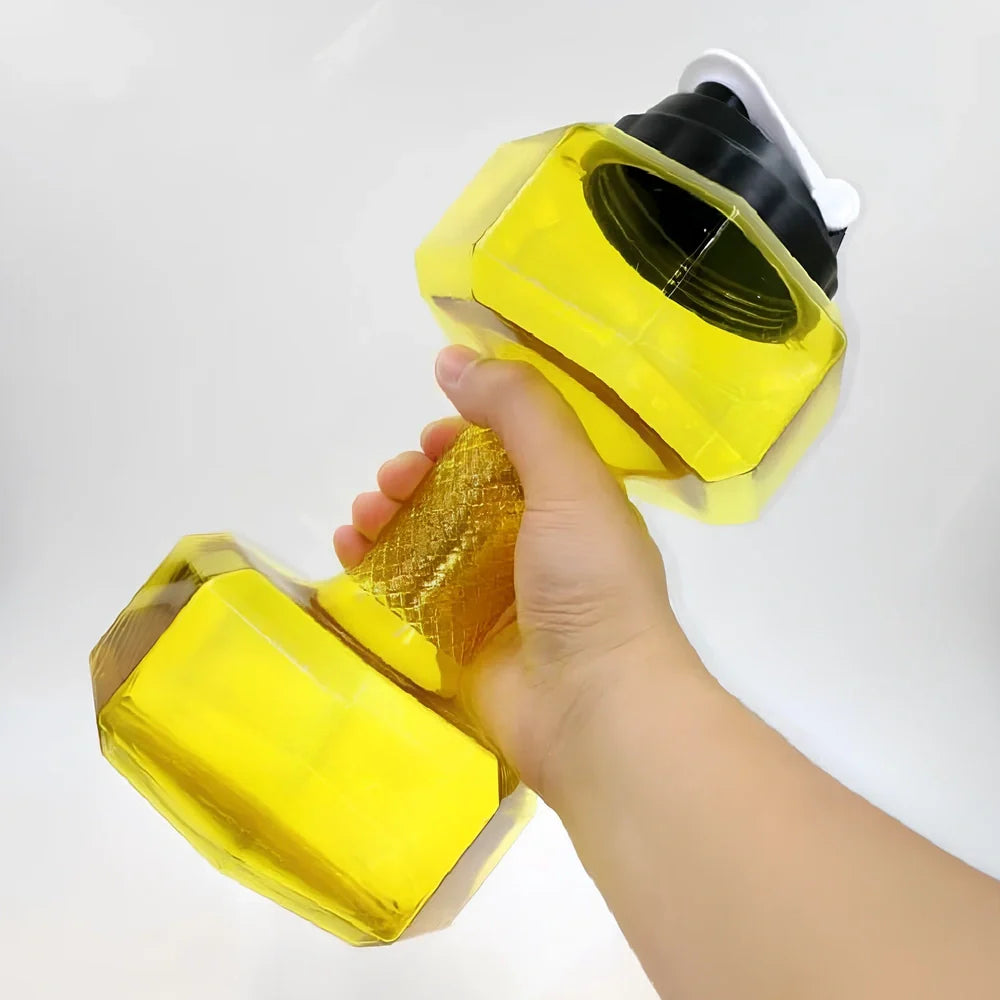 Yellow dumbbell-shaped water bottle with 2.5-litre capacity and integrated handles for gym use