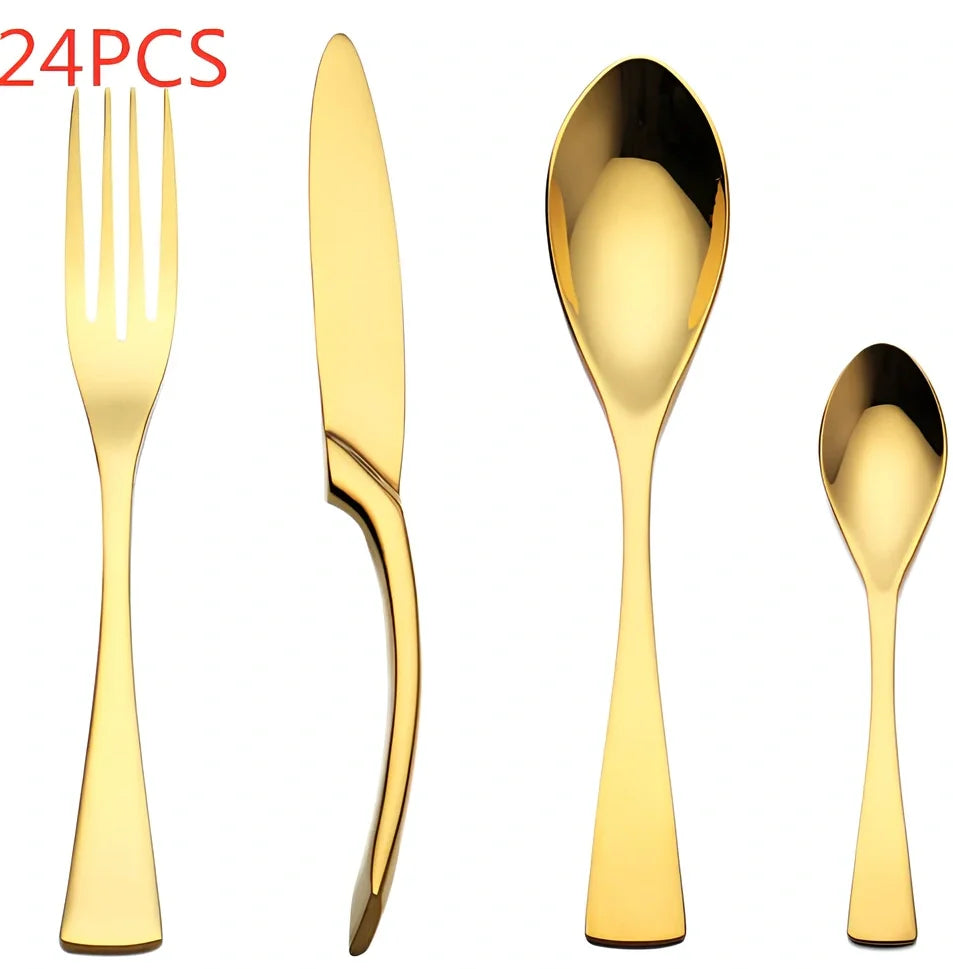 Four-piece black stainless steel cutlery set with mirror polishing showing fork, knife, coffee spoon, and soup spoon