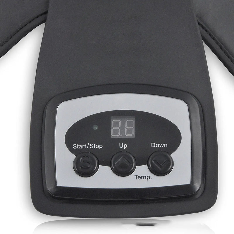 Knee massager for heating and pain relief, 12V 20W infrared warming massage unit with adjustable temperature control from 45°C to 65°C, includes soft knee and shoulder pads, compatible with EU, UK and US plug adapters.