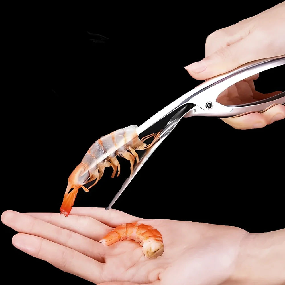 Stainless steel shrimp peeler with 21cm length and ergonomic handle for shell removal