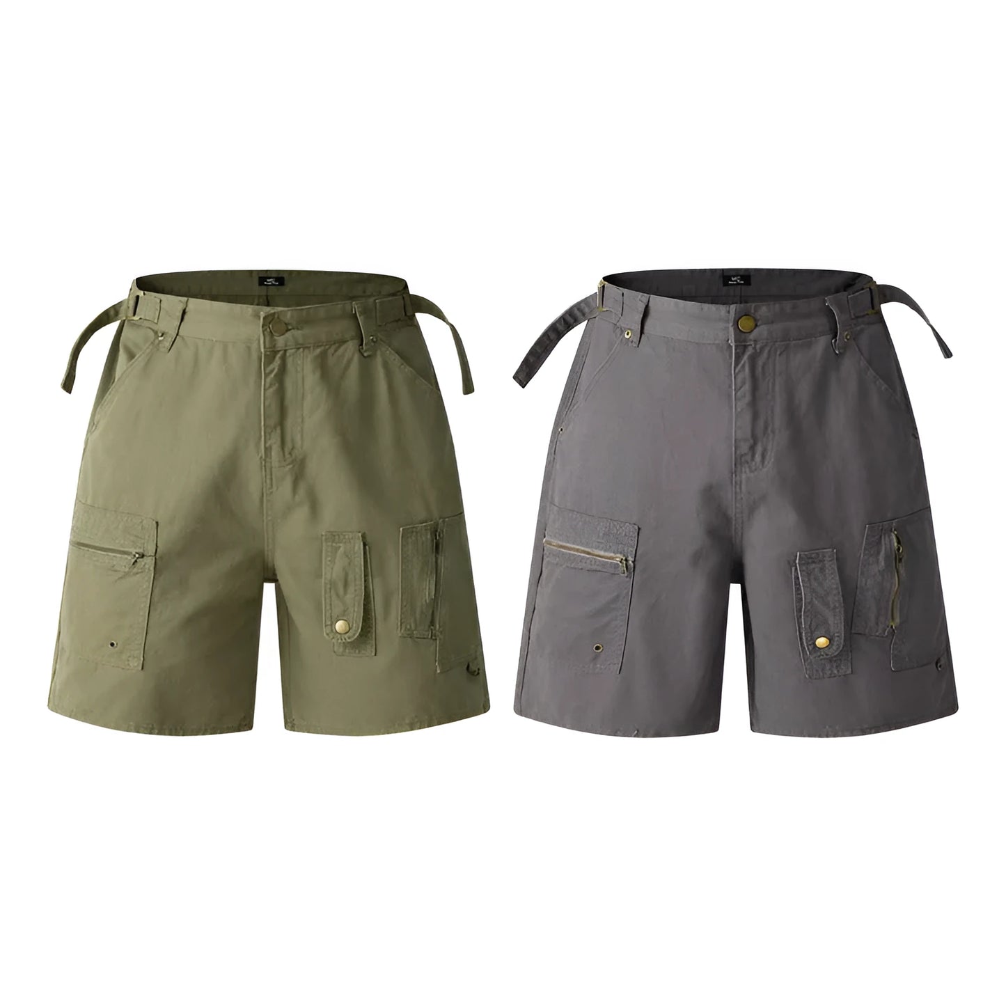 Retro loose-fit washed cotton workwear shorts in camouflage green colour with zip fly.