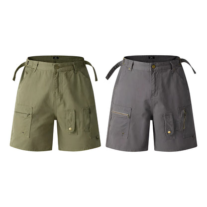 Retro loose-fit washed cotton workwear shorts in camouflage green colour with zip fly.