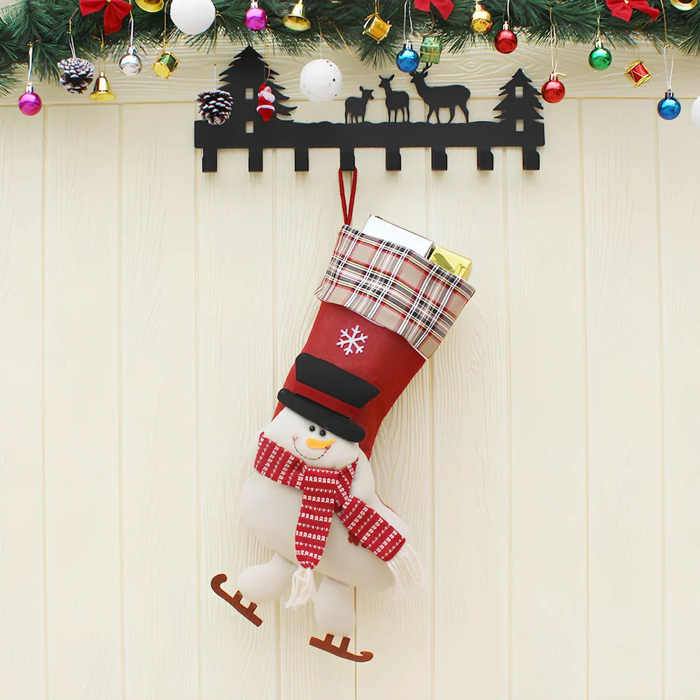 Set of three Christmas hanging socks: 59cm Santa, 50.5cm snowman and elk in wool with plaid details