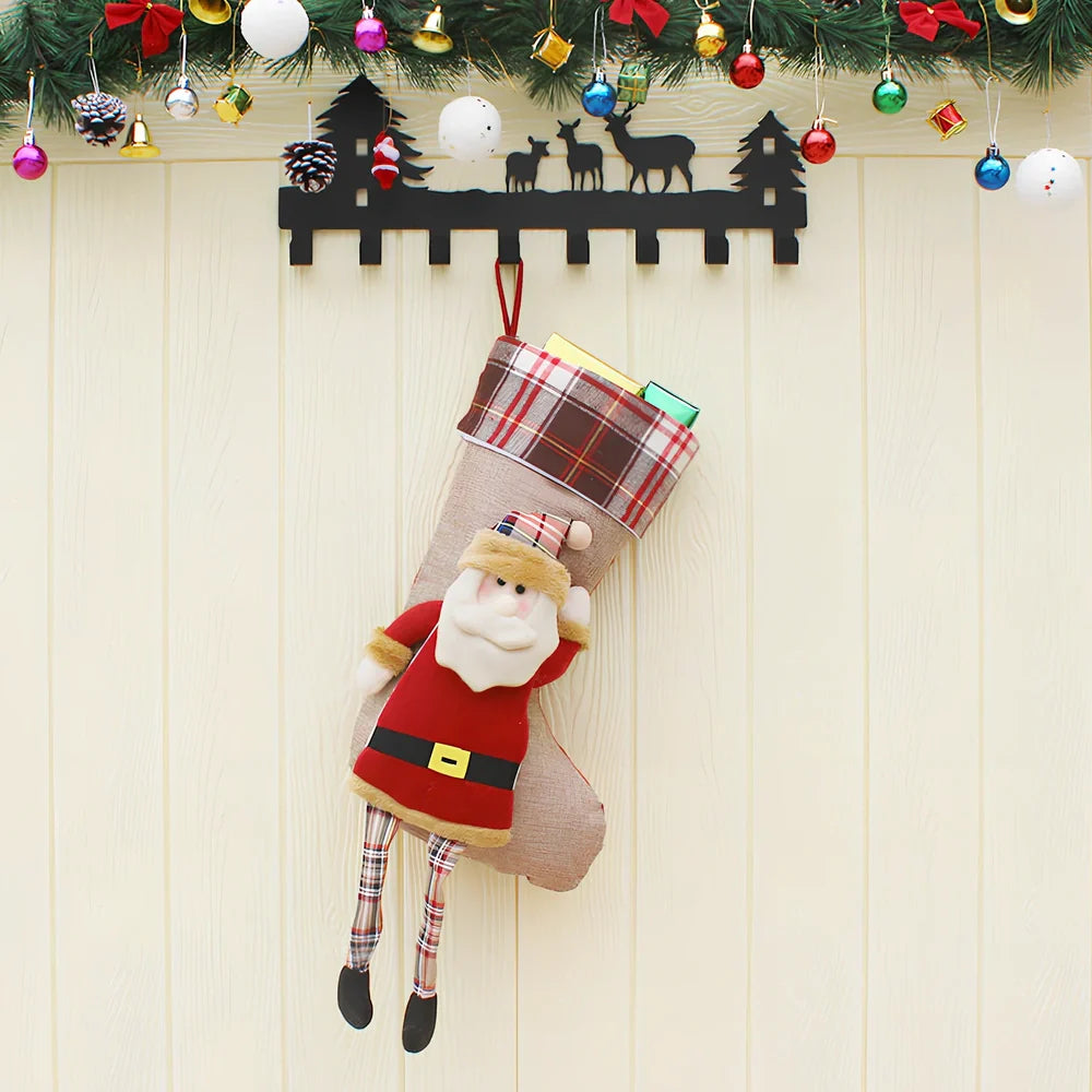 Set of three Christmas hanging socks: 59cm Santa, 50.5cm snowman and elk in wool with plaid details