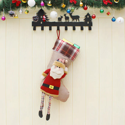 Set of three Christmas hanging socks: 59cm Santa, 50.5cm snowman and elk in wool with plaid details