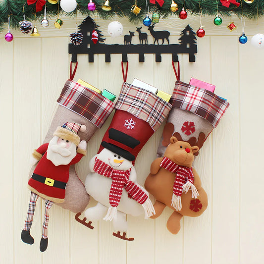 Set of three Christmas hanging socks: 59cm Santa, 50.5cm snowman and elk in wool with plaid details