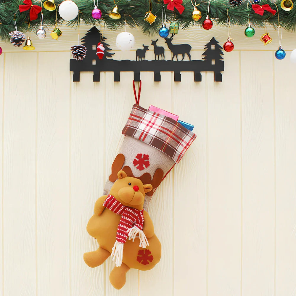 Set of three Christmas hanging socks: 59cm Santa, 50.5cm snowman and elk in wool with plaid details