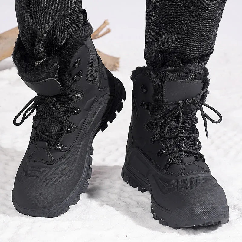 Men's black high-top winter boots with fleece lining and lace-up front on a flat heel