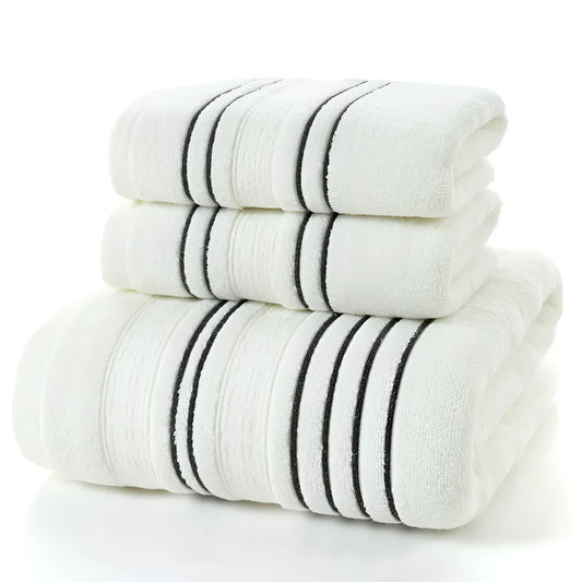 100% cotton bath towel set showing white, grey, and khaki colour options
