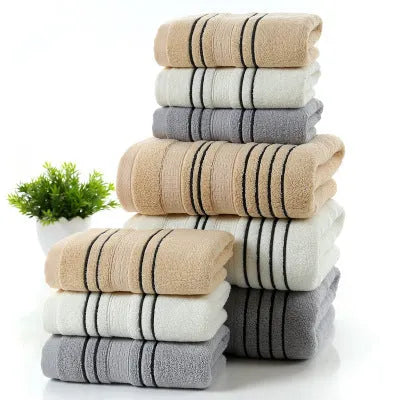 100% cotton bath towel set showing white, grey, and khaki colour options