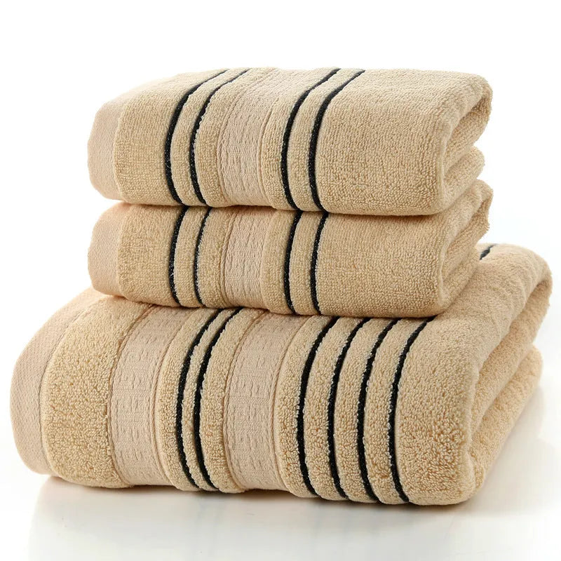 100% cotton bath towel set showing white, grey, and khaki colour options