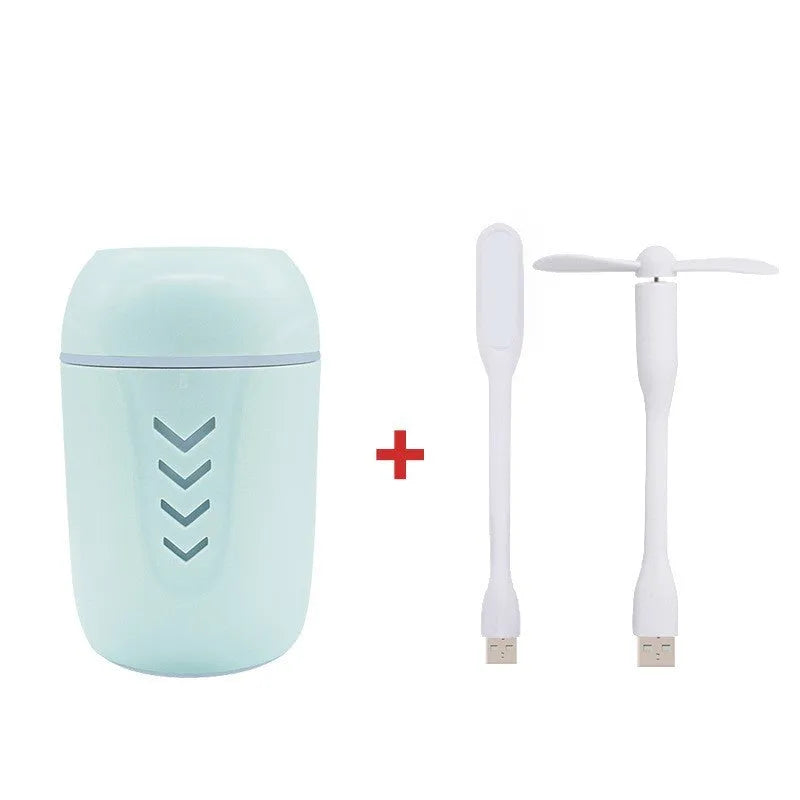 X3 model portable columnar humidifier in blue, with USB cable.