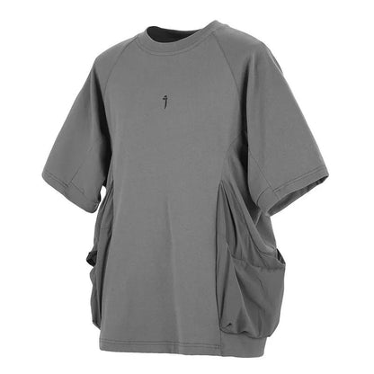 Men's loose grey cotton t-shirt with big chest pockets and short sleeves