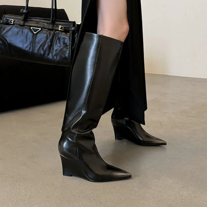 Black cowhide wedge boots with pointed toes and 6-8cm heels, high cylinder design