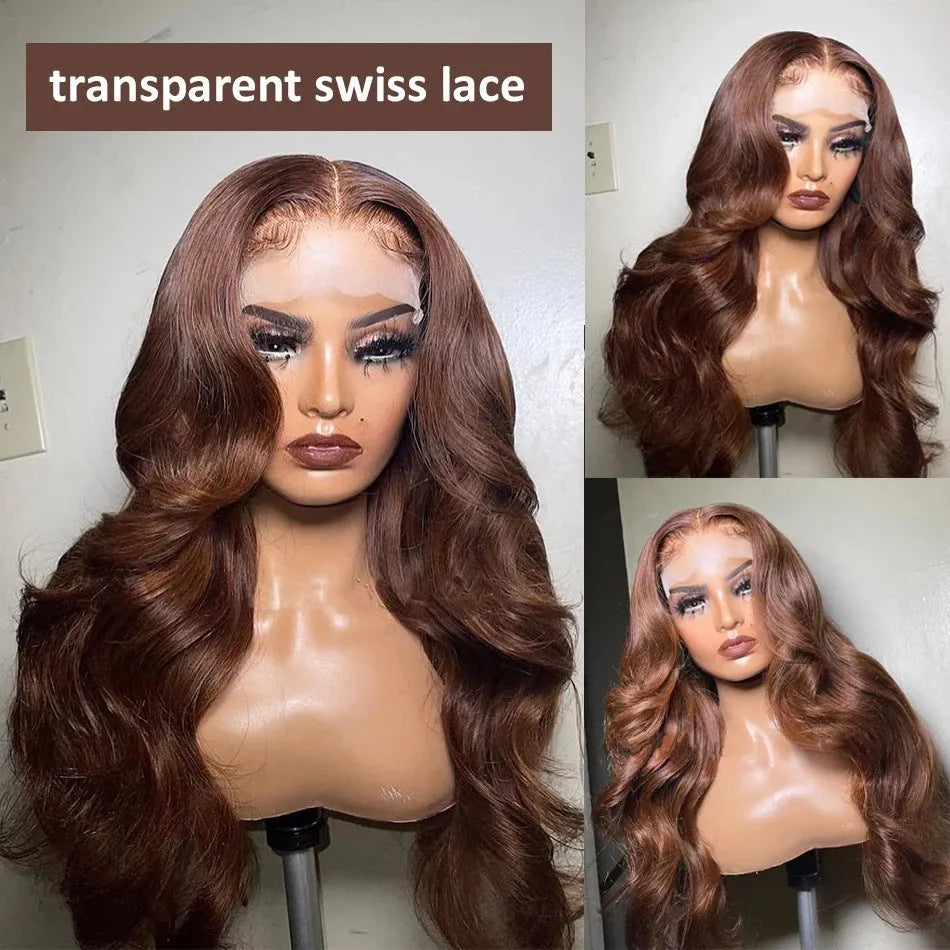 Wavy brown lace front human hair wig, hand-woven, 4x4 13x4 13x6 lace, 8-40 inch lengths, natural style.