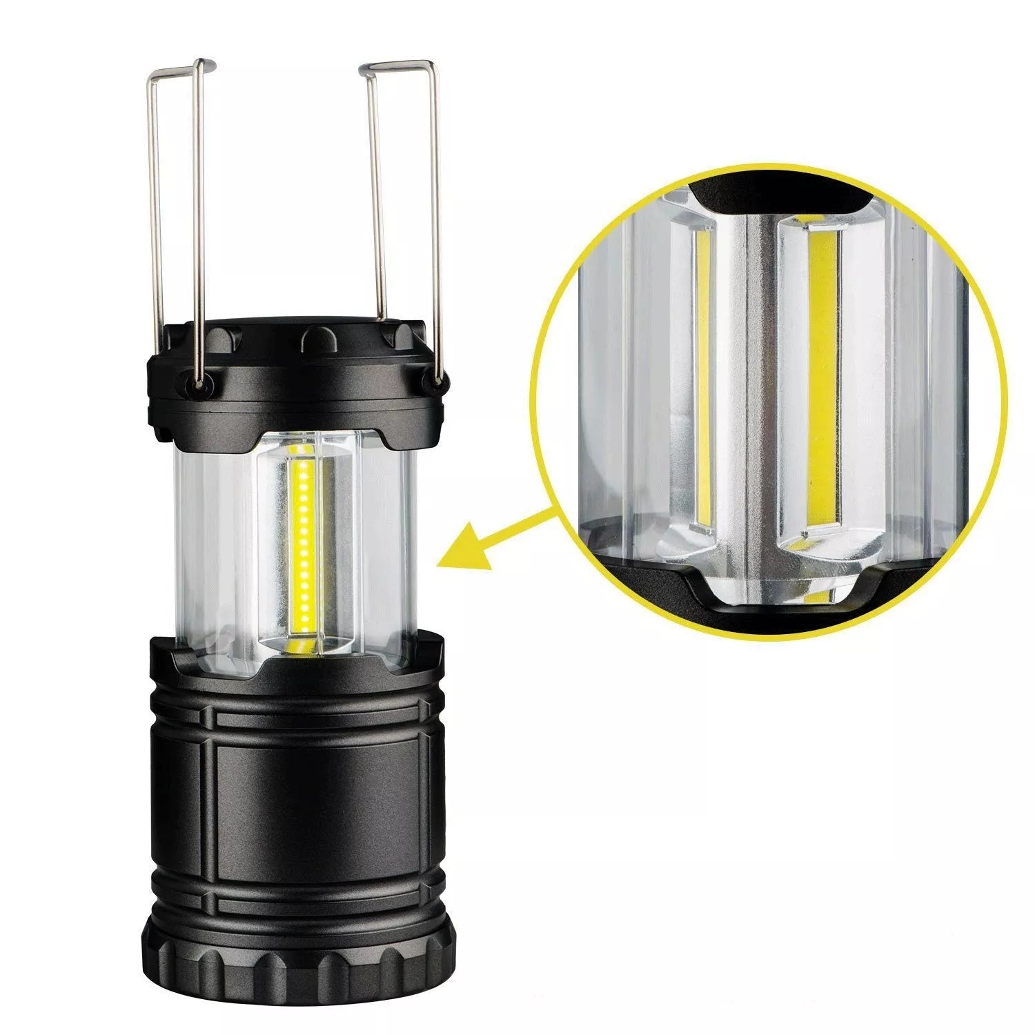 Solar-powered COB camping lamp with telescopic design and fold-away handles