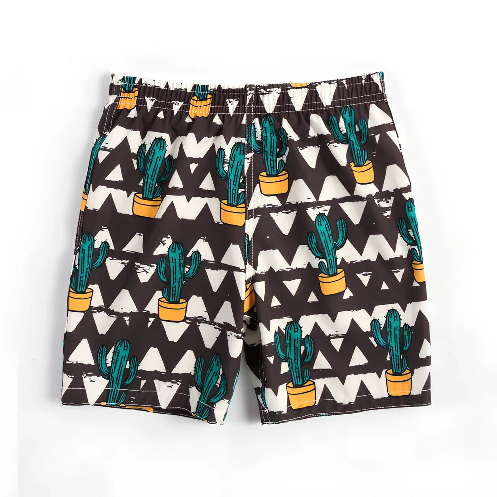 Children's quick-dry swimming trunks with cactus pattern, elastic waistband, boxer-style design