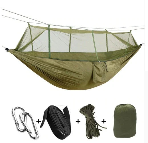 Lightweight and portable parachute hammock with mosquito net for outdoor relaxation