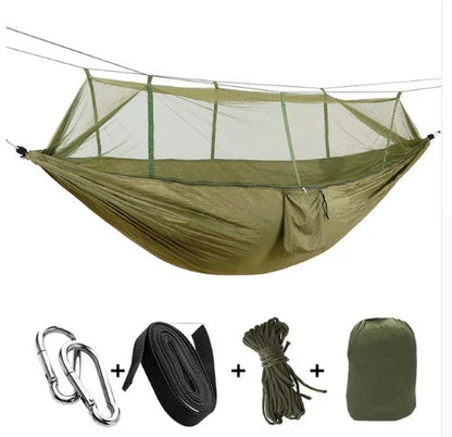 Lightweight and portable parachute hammock with mosquito net for outdoor relaxation