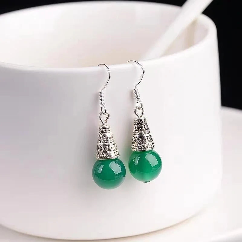 Elegant silver-tone earrings with green agate gemstones for women