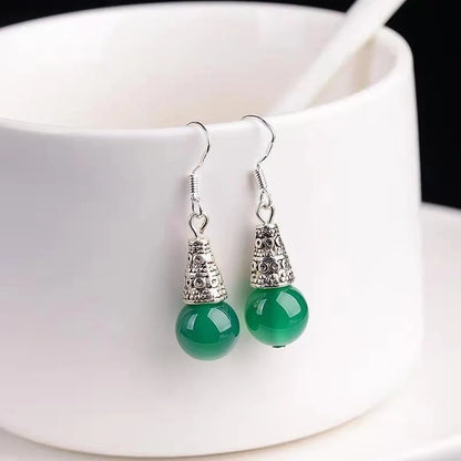 Elegant silver-tone earrings with green agate gemstones for women